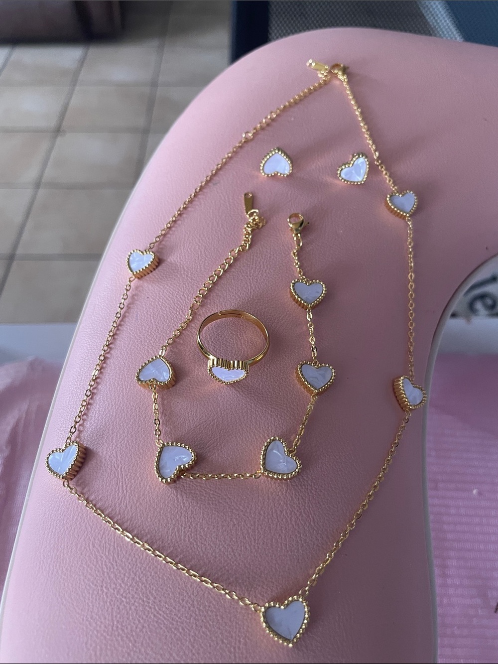 Gold Stainless Steel Heart Link Necklace with White Enamel Hearts